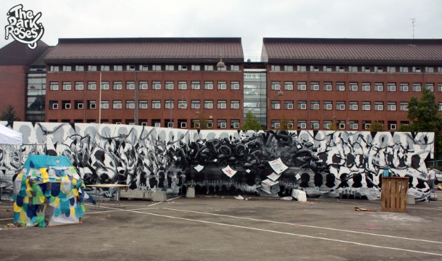Hero or Traitor? Mural by Aim 1, Avelon 31, DoggieDoe, More, Motus and Nexr - The Dark Roses Since 1984 - GALORE Urban Art Festival, Toftegårds Plads, Valby, Copenhagen, Denmark August 2013